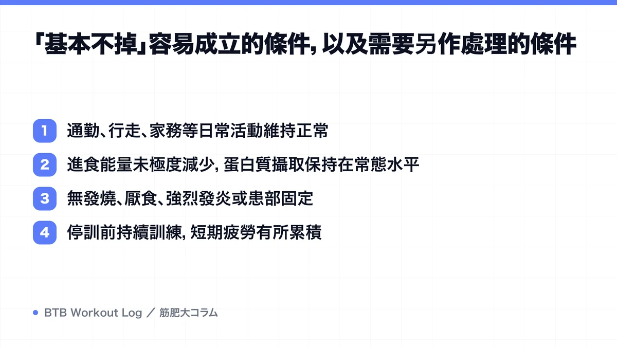Diagram: 「基本不掉」容易成立的條件，以及需要另作處理的條件