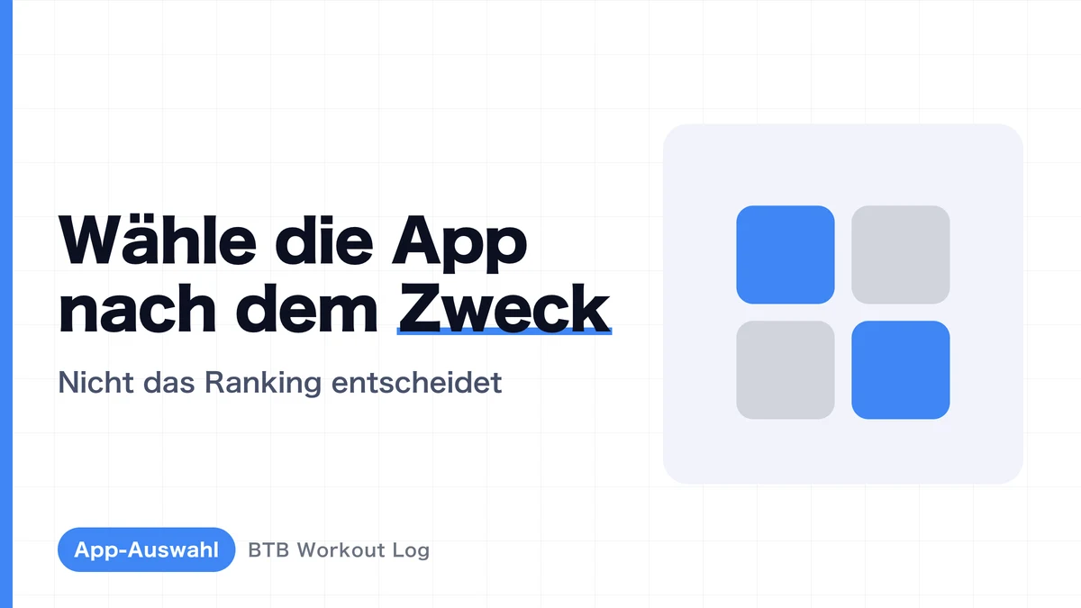 App-Icon von BTB Workout Log sowie echte Ansichten für Trainingsprotokolle, Volumenverlauf und Sätze nach Muskelgruppe