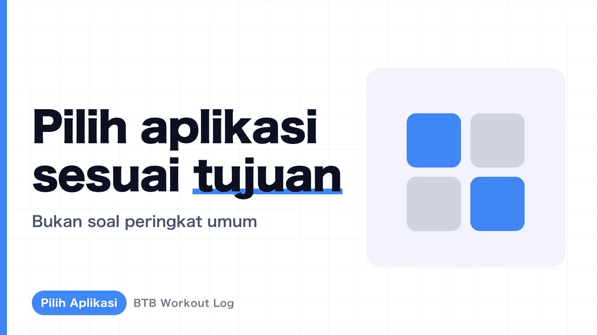 Ikon aplikasi BTB Workout Log dan tampilan asli pencatatan, progres volume, serta analisis set per bagian tubuh