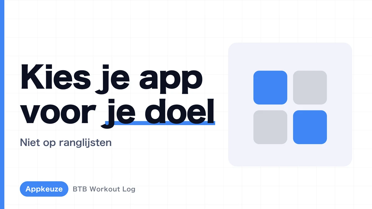 App-icoon van BTB Workout Log en echte schermen voor registratie, volumetrends en setanalyse per spiergroep